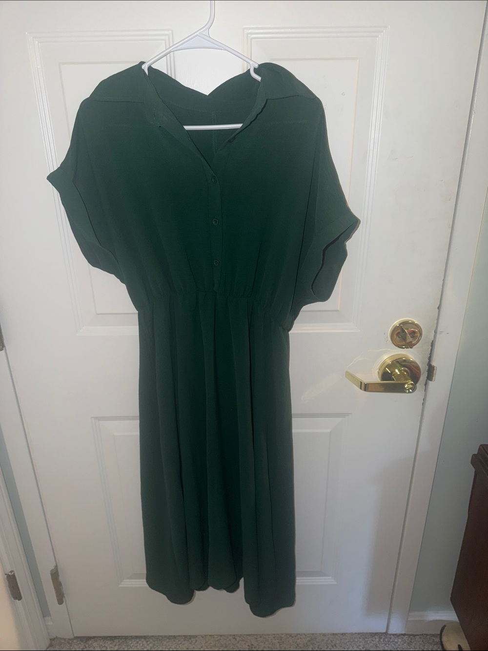 Sleeved Collared Midi Dress in Deep Green